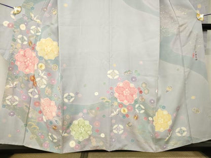 平和屋着物●手描友禅　圭雲　振袖　絞り　駒刺繍　飛鶴吉祥花文　金彩　正絹　逸品　AABL7211ck