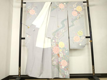 平和屋着物●手描友禅　圭雲　振袖　絞り　駒刺繍　飛鶴吉祥花文　金彩　正絹　逸品　AABL7211ck