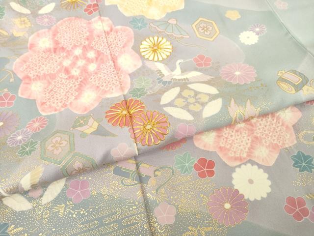 平和屋着物●手描友禅　圭雲　振袖　絞り　駒刺繍　飛鶴吉祥花文　金彩　正絹　逸品　AABL7211ck