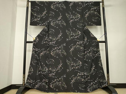 平和屋着物●上質な小紋　枝葉文　黒地　正絹　逸品　未使用　AABL7215ck