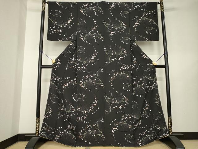 平和屋着物●上質な小紋　枝葉文　黒地　正絹　逸品　未使用　AABL7215ck