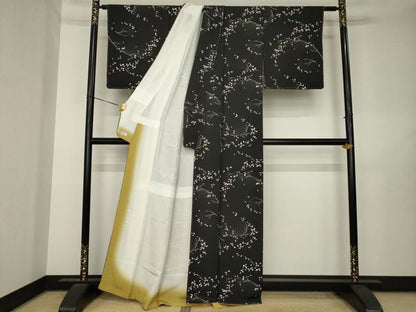 平和屋着物●上質な小紋　枝葉文　黒地　正絹　逸品　未使用　AABL7215ck