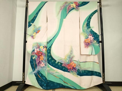平和屋着物●豪華振袖　流水花文　正絹　逸品　AABL7216ck