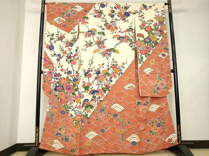 平和屋着物●豪華振袖　型染め　青海波枝花文　正絹　逸品　AABL7217ck