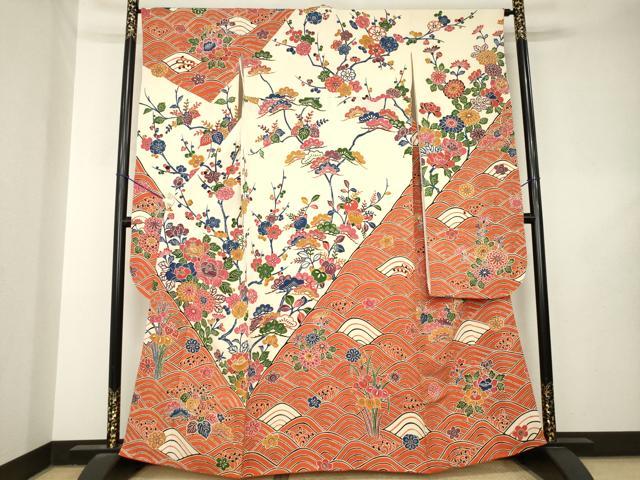 平和屋着物●豪華振袖　型染め　青海波枝花文　正絹　逸品　AABL7217ck