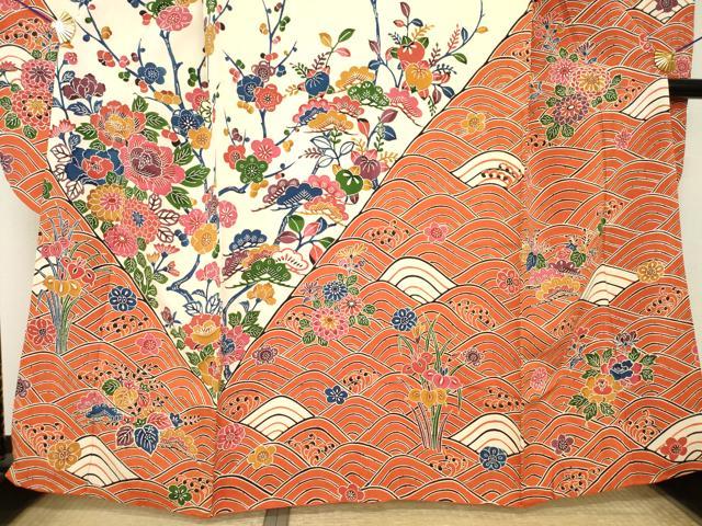 平和屋着物●豪華振袖　型染め　青海波枝花文　正絹　逸品　AABL7217ck