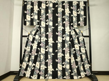 平和屋着物●上質な小紋　花蝶間道　黒地　金彩　正絹　逸品　AABL7219ck