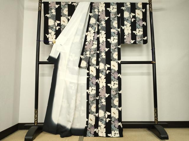 平和屋着物●上質な小紋　花蝶間道　黒地　金彩　正絹　逸品　AABL7219ck