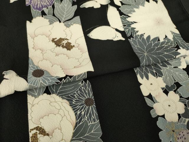 平和屋着物●上質な小紋　花蝶間道　黒地　金彩　正絹　逸品　AABL7219ck