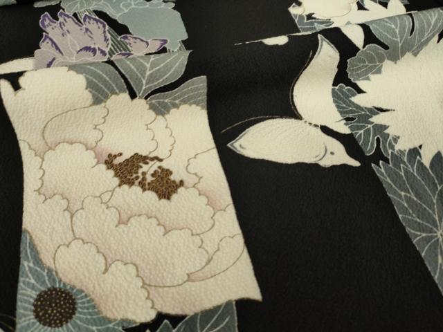 平和屋着物●上質な小紋　花蝶間道　黒地　金彩　正絹　逸品　AABL7219ck