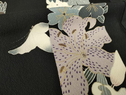 平和屋着物●上質な小紋　花蝶間道　黒地　金彩　正絹　逸品　AABL7219ck