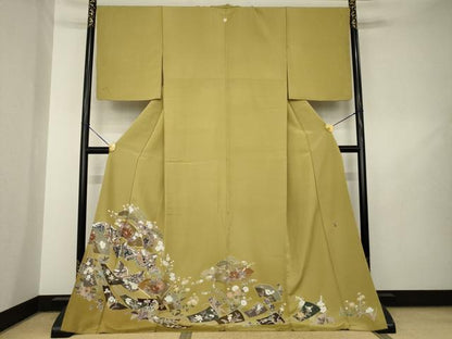 平和屋着物●豪華色留袖　作家物　駒刺繍　地紙女人花文　ロング丈　正絹　逸品　AABL7221ck