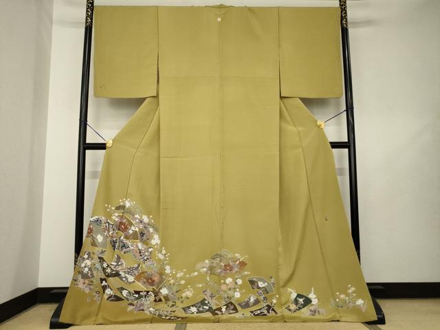 平和屋着物●豪華色留袖　作家物　駒刺繍　地紙女人花文　ロング丈　正絹　逸品　AABL7221ck