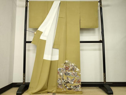 平和屋着物●豪華色留袖　作家物　駒刺繍　地紙女人花文　ロング丈　正絹　逸品　AABL7221ck