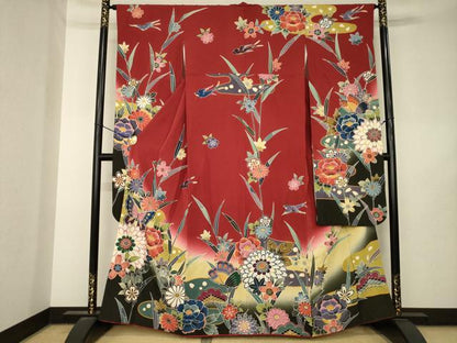平和屋着物●手ざし京紅型染・宮崎紅型　宮崎良次　振袖　花蝶文　暈し染め　正絹　逸品　AABL7230ck