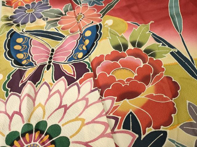 平和屋着物●手ざし京紅型染・宮崎紅型　宮崎良次　振袖　花蝶文　暈し染め　正絹　逸品　AABL7230ck