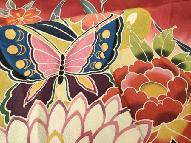 平和屋着物●手ざし京紅型染・宮崎紅型　宮崎良次　振袖　花蝶文　暈し染め　正絹　逸品　AABL7230ck
