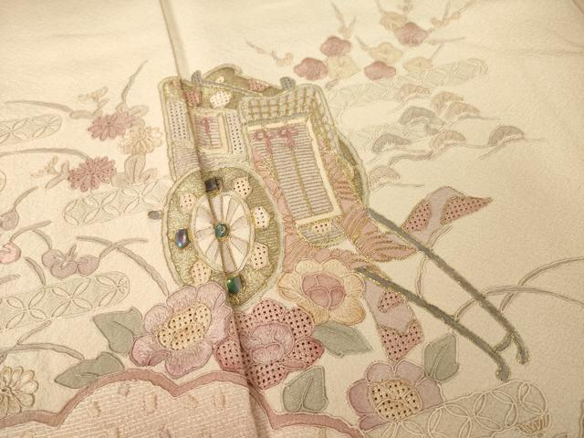 平和屋着物●中国三大刺繍　汕頭刺繍　スワトウ刺繍　総刺繍　訪問着　御所車花文　暈し染め　金糸　正絹　逸品　AABL7238ck