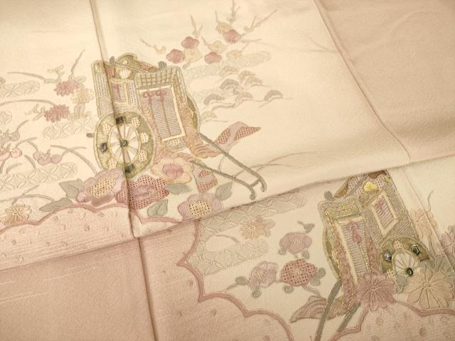 平和屋着物●中国三大刺繍　汕頭刺繍　スワトウ刺繍　総刺繍　訪問着　御所車花文　暈し染め　金糸　正絹　逸品　AABL7238ck