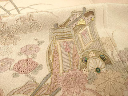 平和屋着物●中国三大刺繍　汕頭刺繍　スワトウ刺繍　総刺繍　訪問着　御所車花文　暈し染め　金糸　正絹　逸品　AABL7238ck