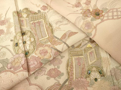 平和屋着物●中国三大刺繍　汕頭刺繍　スワトウ刺繍　総刺繍　訪問着　御所車花文　暈し染め　金糸　正絹　逸品　AABL7238ck