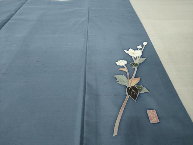 平和屋着物●本加賀友禅作家　成竹登茂男監修　白山紬　色無地　紺鼠色　正絹　逸品　AABL7244ck