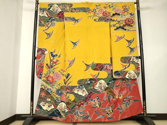 平和屋着物●手ざし京紅型染・宮崎紅型　宮崎良次　振袖　風景飛鶴花文　正絹　逸品　AABL7254ck