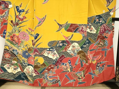 平和屋着物●手ざし京紅型染・宮崎紅型　宮崎良次　振袖　風景飛鶴花文　正絹　逸品　AABL7254ck
