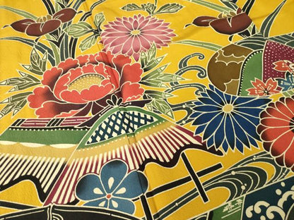 平和屋着物●手ざし京紅型染・宮崎紅型　宮崎良次　振袖　風景飛鶴花文　正絹　逸品　AABL7254ck