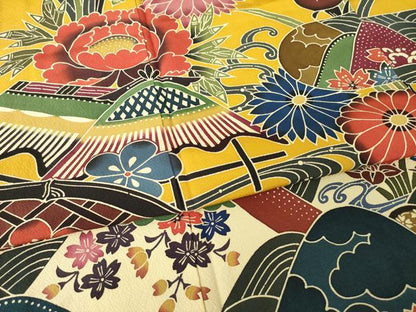 平和屋着物●手ざし京紅型染・宮崎紅型　宮崎良次　振袖　風景飛鶴花文　正絹　逸品　AABL7254ck