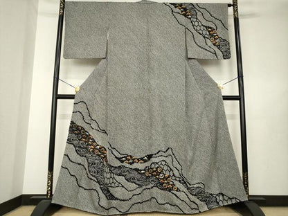 平和屋着物●訪問着　総絞り　流水花文　黒地　金銀彩　正絹　逸品　AABL7255ck