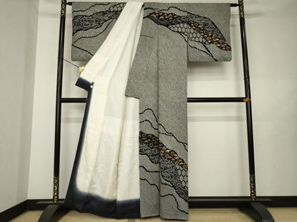平和屋着物●訪問着　総絞り　流水花文　黒地　金銀彩　正絹　逸品　AABL7255ck