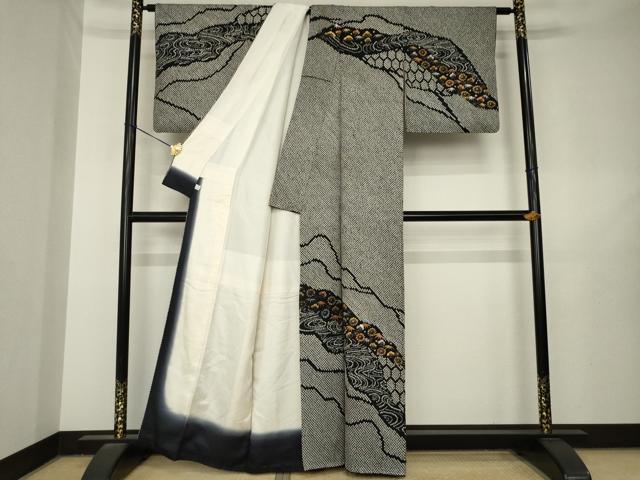 平和屋着物●訪問着　総絞り　流水花文　黒地　金銀彩　正絹　逸品　AABL7255ck