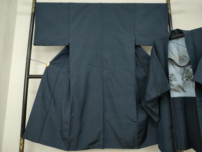 平和屋着物●男性　紬　アンサンブル　色無地　藍鉄色　正絹　逸品　AABL7259ck