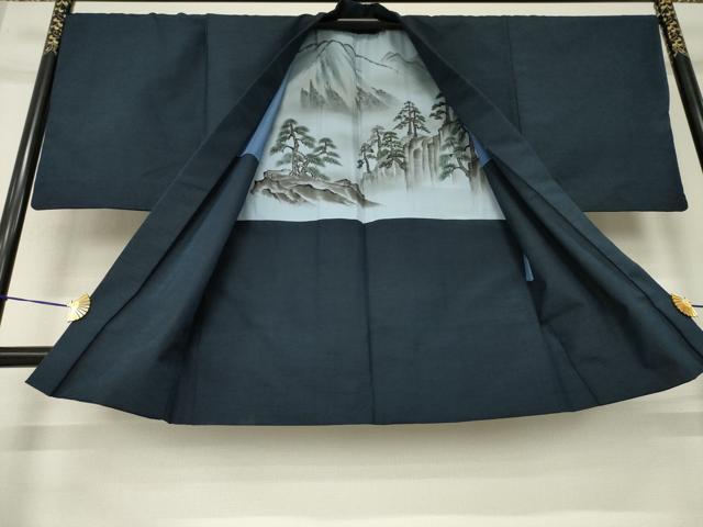 平和屋着物●男性　紬　アンサンブル　色無地　藍鉄色　正絹　逸品　AABL7259ck