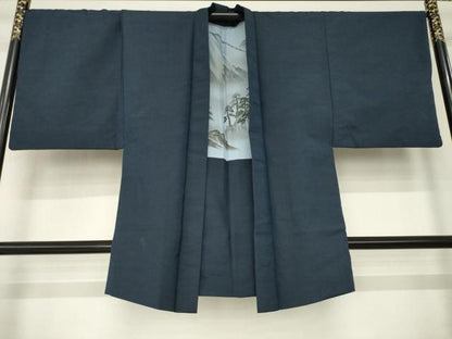 平和屋着物●男性　紬　アンサンブル　色無地　藍鉄色　正絹　逸品　AABL7259ck