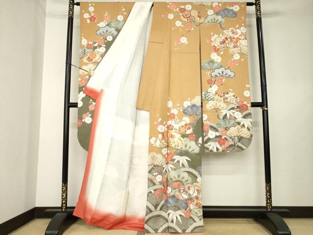 平和屋着物●豪華振袖　駒刺繍　松竹梅吉祥花文　金彩　正絹　逸品　AABL7269ck