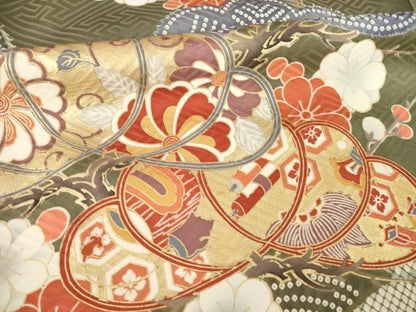 平和屋着物●豪華振袖　駒刺繍　松竹梅吉祥花文　金彩　正絹　逸品　AABL7269ck