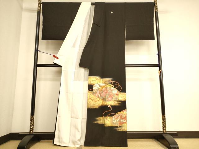 平和屋着物■豪華黒留袖　作家物　駒刺繍　花文箱　金彩　正絹　逸品　AABL7303br