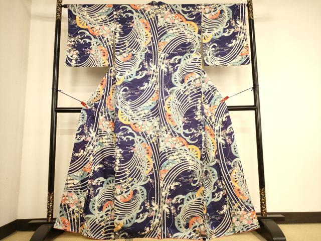 平和屋着物■上質な小紋　源氏車立波花文　金彩　正絹　逸品　AABL7316br