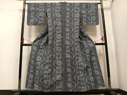 平和屋着物●久留米絣　単衣　花蝶文　綿　逸品　AABL7332ph