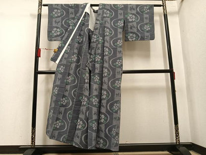 平和屋着物●久留米絣　単衣　花蝶文　綿　逸品　AABL7332ph