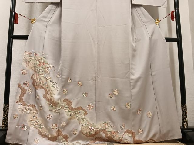 平和屋着物●訪問着　総刺繍　扇面草花文　暈し染め　金糸　正絹　逸品　AABL7380ph