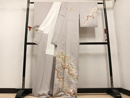平和屋着物●訪問着　総刺繍　扇面草花文　暈し染め　金糸　正絹　逸品　AABL7380ph