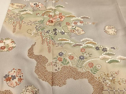 平和屋着物●訪問着　総刺繍　扇面草花文　暈し染め　金糸　正絹　逸品　AABL7380ph
