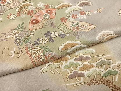 平和屋着物●訪問着　総刺繍　扇面草花文　暈し染め　金糸　正絹　逸品　AABL7380ph