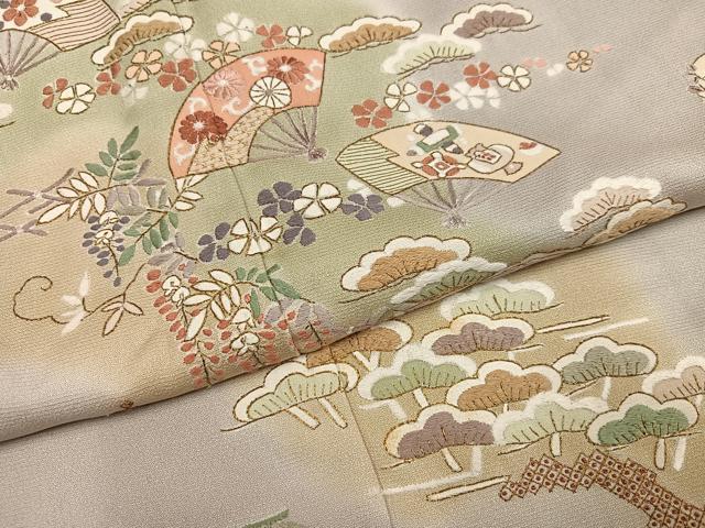 平和屋着物●訪問着　総刺繍　扇面草花文　暈し染め　金糸　正絹　逸品　AABL7380ph