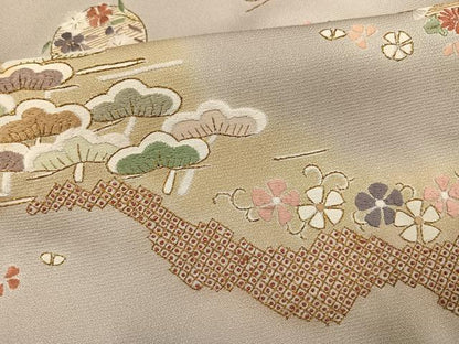 平和屋着物●訪問着　総刺繍　扇面草花文　暈し染め　金糸　正絹　逸品　AABL7380ph