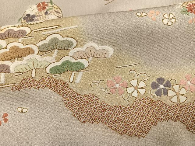 平和屋着物●訪問着　総刺繍　扇面草花文　暈し染め　金糸　正絹　逸品　AABL7380ph