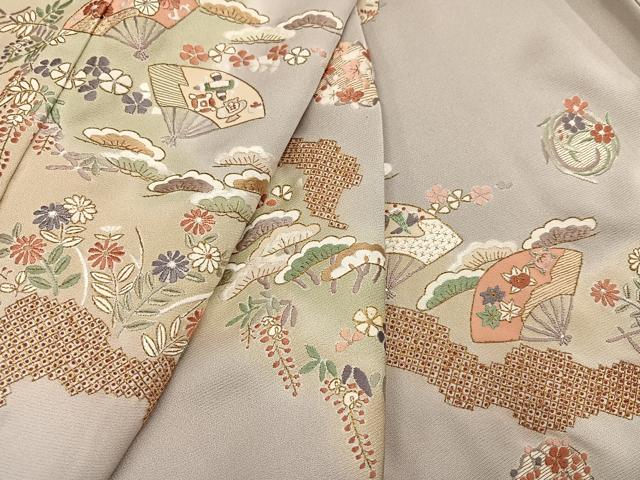 平和屋着物●訪問着　総刺繍　扇面草花文　暈し染め　金糸　正絹　逸品　AABL7380ph